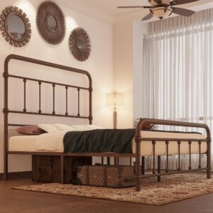 Geltanny Queen-Bed-Frame-Vintage-Farmhouse 49 inch Tall-headboard-Iron - Platform Mattress Foundation,No Box Spring Needed(Dark Bronze)