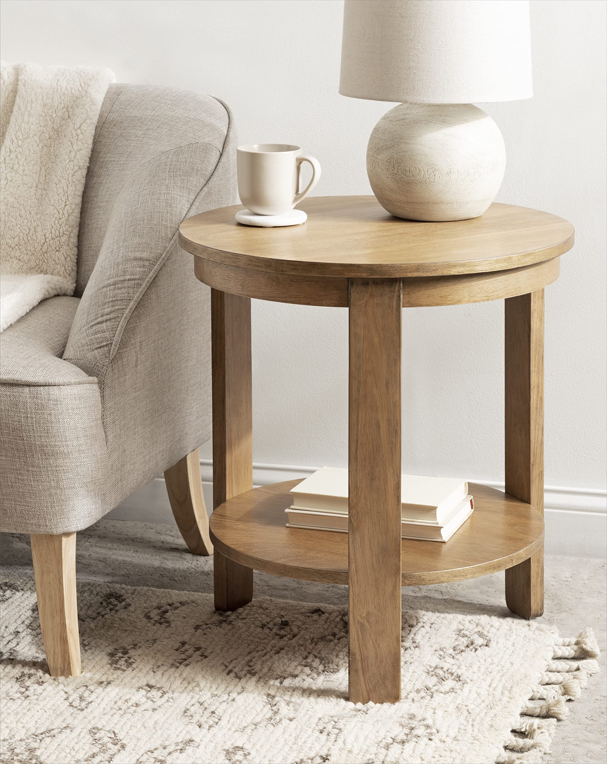 Kate and Laurel Foxford Tiered Round Side Table, 22 x 22 x 24, Natural Brown, Transitional Two-Tier Circle Nightstand Table with Storage and Resilient Wood Construction for Bedroom Decor