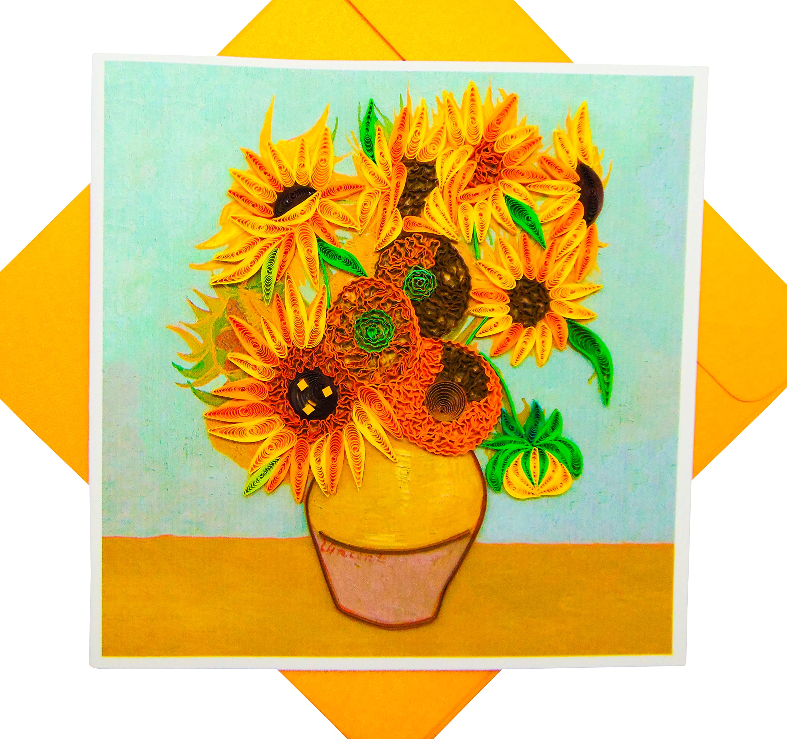 GREENHANDSHAKE Van Gogh's Vase with Sunflowers (1888) Quilling Art Greeting Card,Design Greeting Card for Birthday, Valentine's Day, Get Well, All Occasion. Framable Artwork for Art Lovers