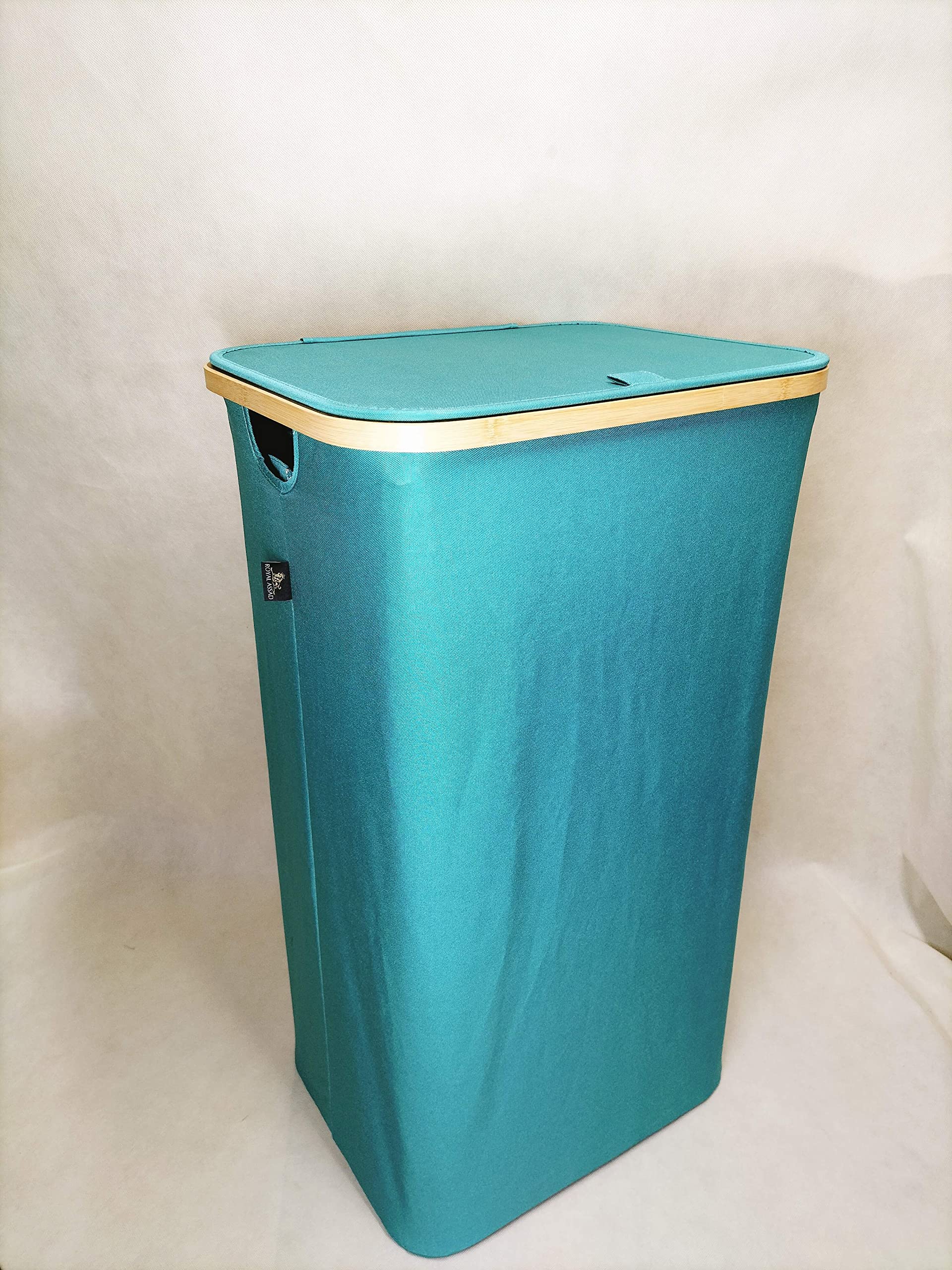 Royal Assad Large Collapsible Laundry Hamper with Lid - Foldable Bamboo Laundry Basket with 2 Removable Bags for Clothes, Towels, Bedroom, Bathroom - 27.2 Gallons (103L) - Light Teal