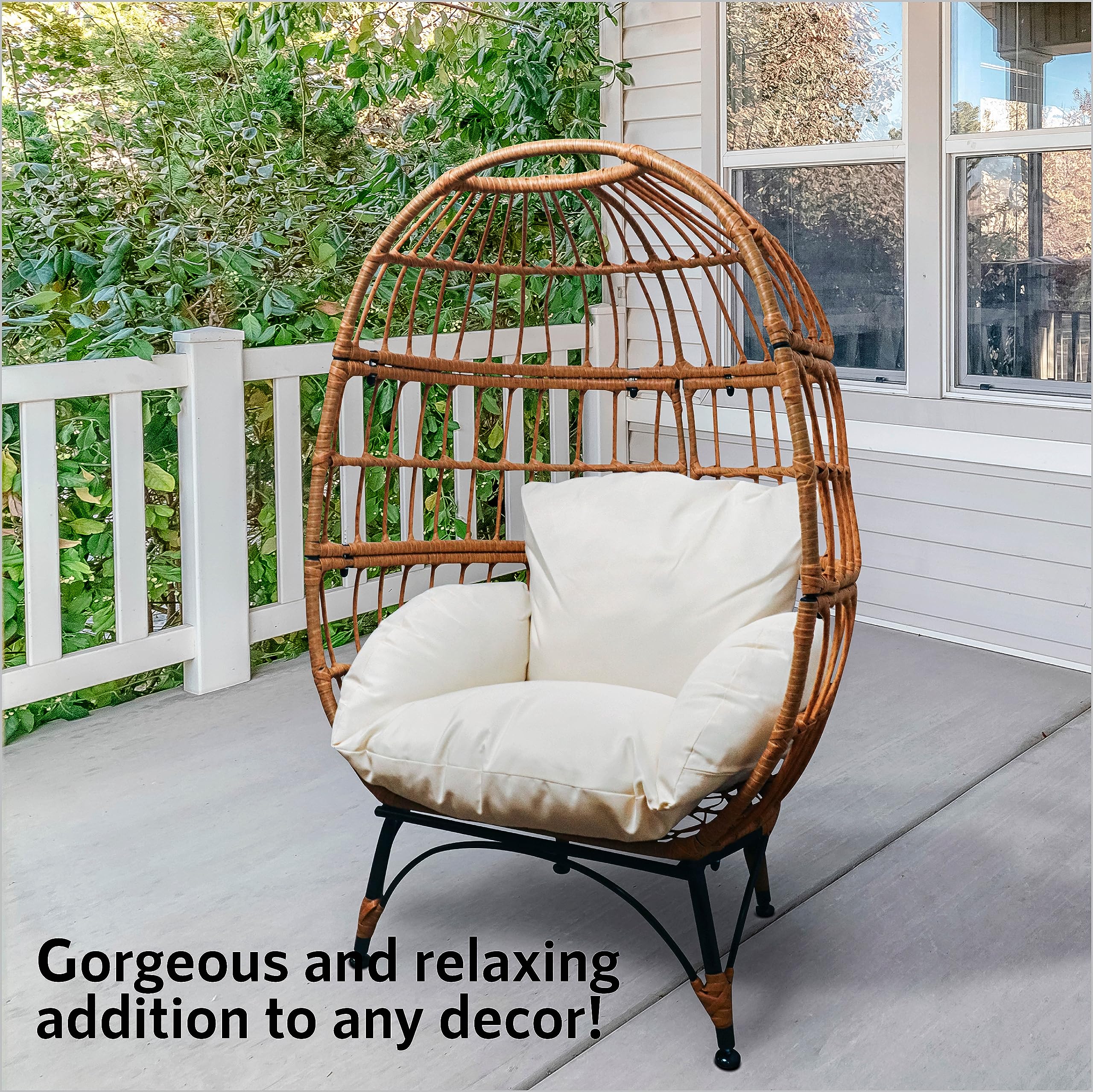 Kids Size Wicker Egg Chair, Indoor Outdoor Patio Backyard Deck Lounger Bubble Seat, With Cushion, Room & Home Décor - Chair Measures 22” x 29” x 35” Floor To Top Height - 45”, Weight Capacity 250 lbs.