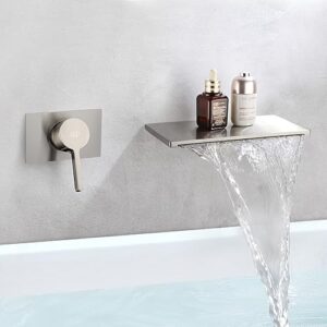 POP SANITARYWARE Wall Mounted Waterfall Bathtub Faucet Brushed Nickel Single Handle Tub Filler Faucet with Valve