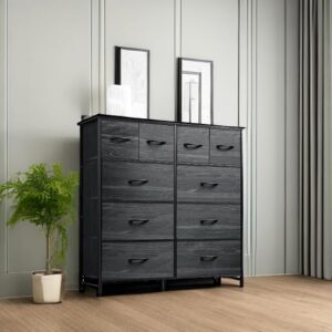 WLIVE Dresser for Bedroom with 10 Fabric Drawers, Tall Chest Organizer Units for Clothing, Closet, Storage Tower with Cabinet, Metal Frame, Wooden Top, Charcoal Black Wood Grain Print