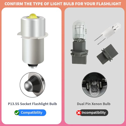 2Pack LED Upgrade Flashlight Bulb DC4-24V 3V-6V 4.5v 6V 12V 18V 3W P13.5S Led Conversion kit for Ryobi Milwaukee Craftsman Lamp Upgrade LED Bulb Replacement Bulb for Torch Tooling Lantern Bulbs (2)