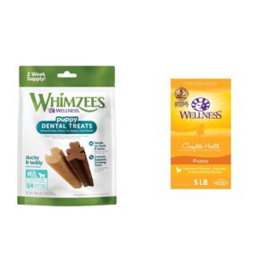 whimzees by wellness dental treats for puppies (m/l) + wellness complete health dry puppy food with grains, 5 lb bag