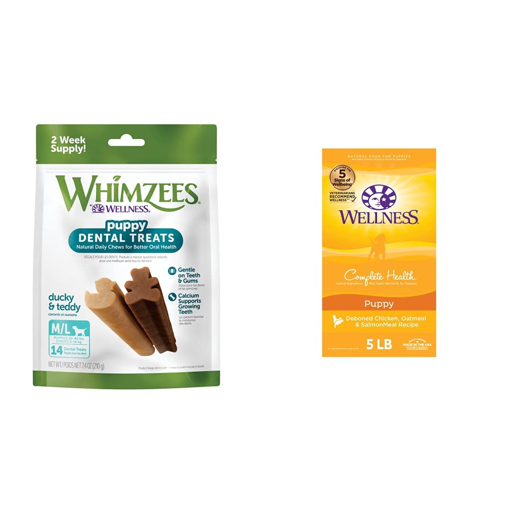 Whimzees by Wellness Dental Treats for Puppies (M/L) + Wellness Complete Health Dry Puppy Food with Grains, 5 lb Bag