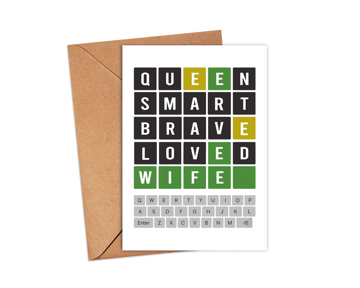 Wordle Wife Card - Mothers Day Wordle Card - Wife Card - Wordle Lover Card - Happy Birthday Wordle - Queen Smart Brave Loved - Word Game Card For Wife - Anniversary- Birthday Gift - Greeting Card