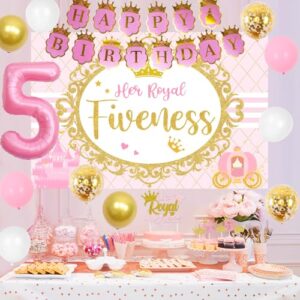 Sursurprise 5th Birthday Decorations for Girl Her Royal Fiveness Birthday Backdrop Cake Topper Sash Balloons for Princess 5 Years Old Birthday Party Supplies