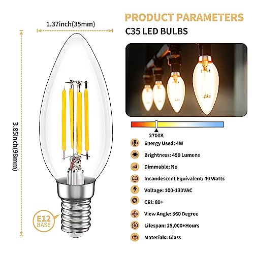 MEGAENERGY E12 LED Bulb Candelabra 40W Equivalent LED Chandelier Light Bulbs, 2700K Warm White, Non-Dimmable, 450Lumens Vintage LED Edison Bulb, CRI 80+, Clear Glass, Pack of 6