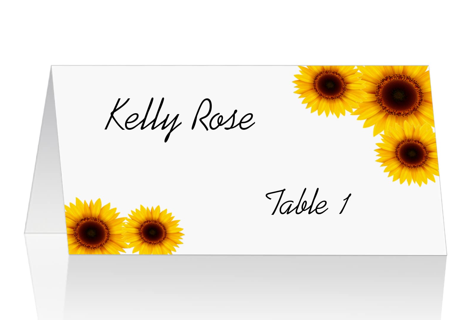 RokAPary Sunflower Tented Table Place Cards, for Wedding, Bridal Shower, Bachelorette or Engagement Party, Dinner Parties, Banquets, Easy Folding, 2"x3.5" Pack of 50 Cards, Made in USA