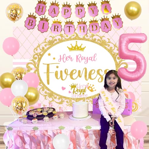 Sursurprise 5th Birthday Decorations for Girl Her Royal Fiveness Birthday Backdrop Cake Topper Sash Balloons for Princess 5 Years Old Birthday Party Supplies