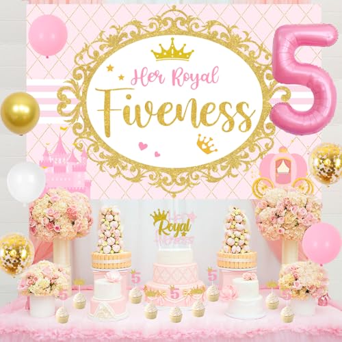 Sursurprise 5th Birthday Decorations for Girl Her Royal Fiveness Birthday Backdrop Cake Topper Sash Balloons for Princess 5 Years Old Birthday Party Supplies