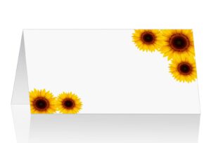 rokapary sunflower tented table place cards, for wedding, bridal shower, bachelorette or engagement party, dinner parties, banquets, easy folding, 2"x3.5" pack of 50 cards, made in usa