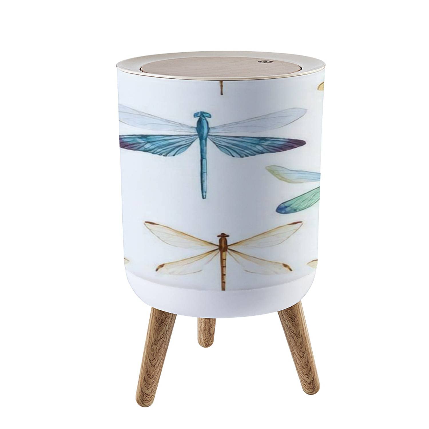 PHAIBHKERP Small Trash Can with Lid Watercolor Dragonflies White Garbage Bin Round Waste Bin Press Cover Dog Proof Wastebasket for Bedroom Bathroom Living Room 1.8 Gallon