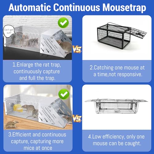 Humane Mouse Trap,Combined Automatic Continuous Rat Traps Cage, Extended Metal Rat Trap,Sensitive Pedal Trigger, Easy to Set Mice Catcher for Indoor and Outdoor