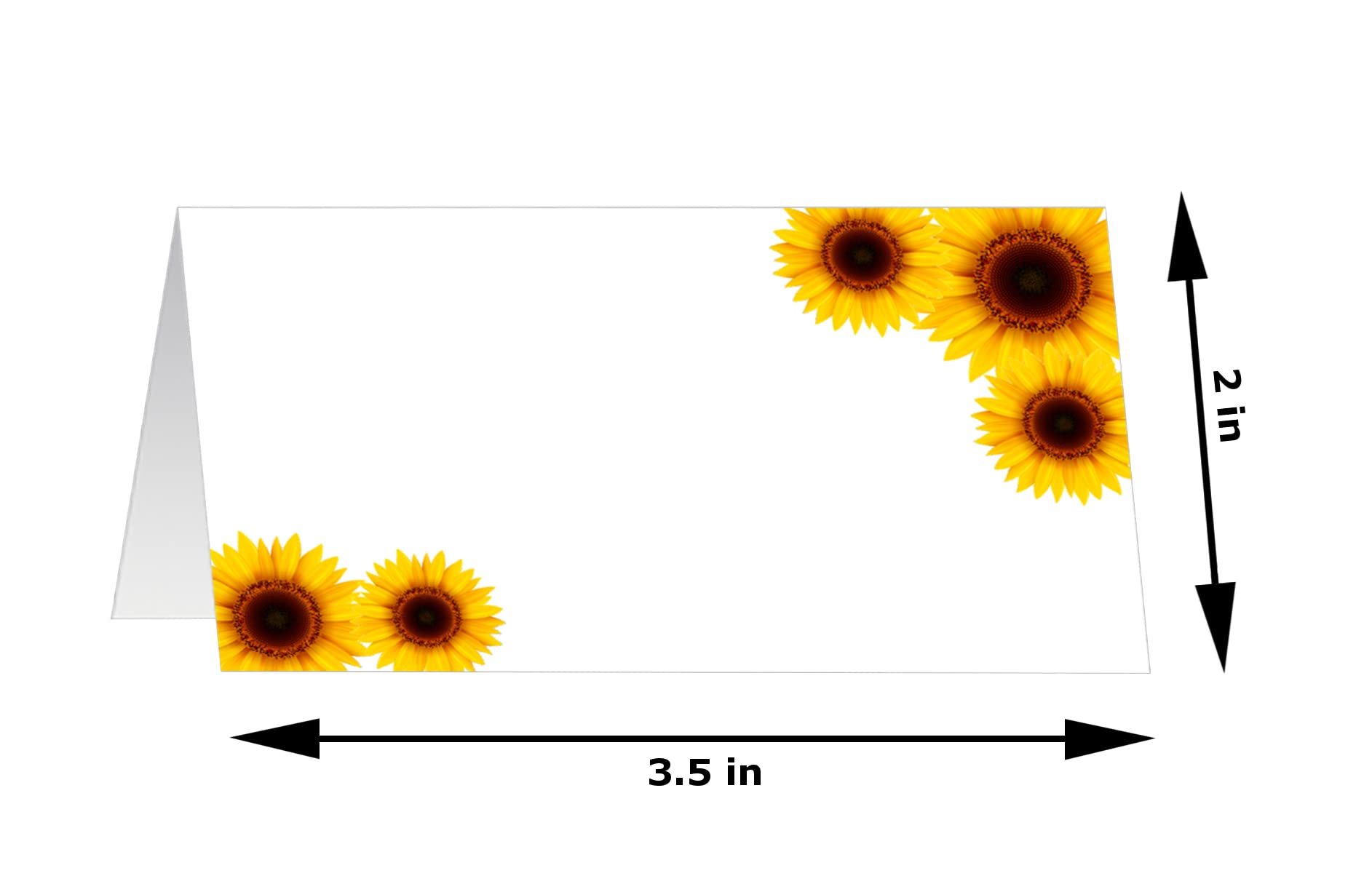 RokAPary Sunflower Tented Table Place Cards, for Wedding, Bridal Shower, Bachelorette or Engagement Party, Dinner Parties, Banquets, Easy Folding, 2"x3.5" Pack of 50 Cards, Made in USA