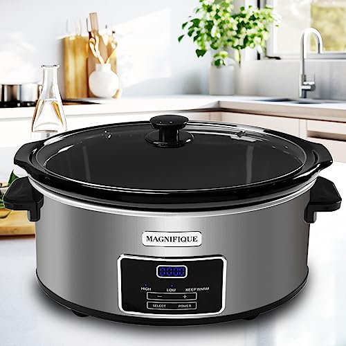 MAGNIFIQUE 8-Quart Casserole Slow Cooker with Timer and Digital Programmable - Small Kitchen Appliance for Family Dinners - Serves 6+ People - Heat Settings: Keep Warm, Low and High