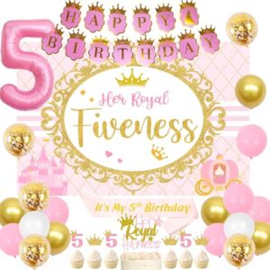 sursurprise 5th birthday decorations for girl her royal fiveness birthday backdrop cake topper sash balloons for princess 5 years old birthday party supplies