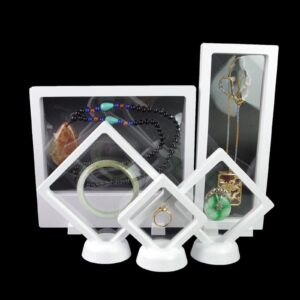 10 Pcs Diamond Shape Floating Display Case, 3D Floating Frame Display Holder Stands for Jewelry Commemorative Coin Medallions Fossil, 3.5 x 3.5 x 0.8 inches, White