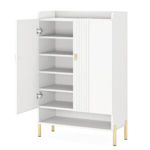 Tribesigns Shoe Cabinet Storage Entryway: Slim 6-Tier Shoe Organizer Cabinet with Adjustable Shelves, Freestanding Wood Shoe Rack with Doors for Entryway, Hallway, Living Room - White