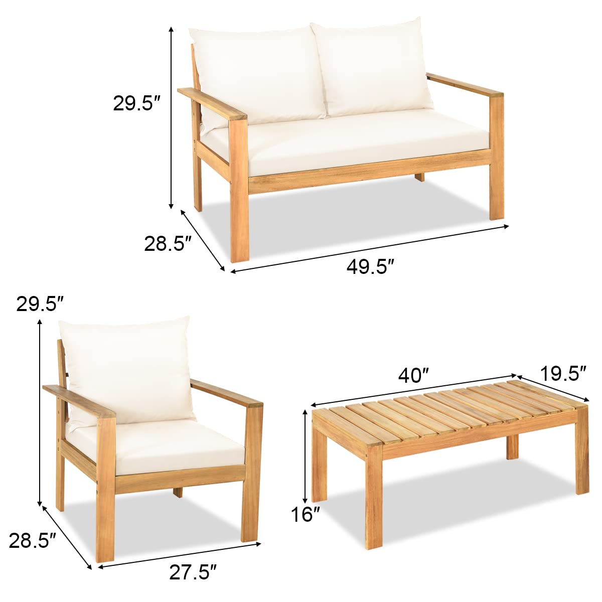 HAPPYGRILL 4 Piece Patio Furniture Set Outdoor Conversation Set Wood Sofa Table Set with Cushions, Acacia Wood Chairs & Coffee Table Set for Garden Backyard Poolside