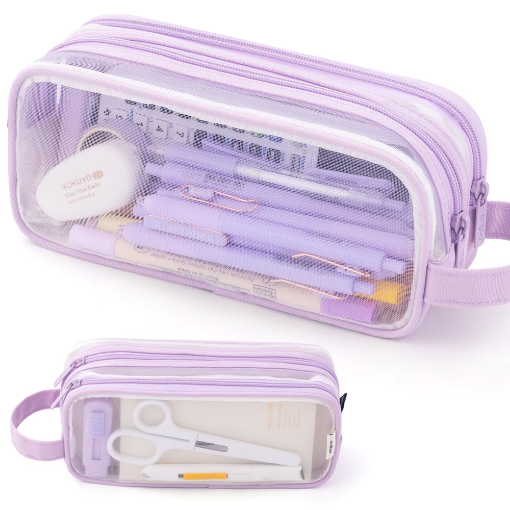 ANGOOBABY Large Grid Mesh Pencil Case 2 Compartment Pen Bag Clear Handheld Multifunction Pencil Pouch Transparent Makeup Bag for Teen Student College Business Travel Office Adult - Purple