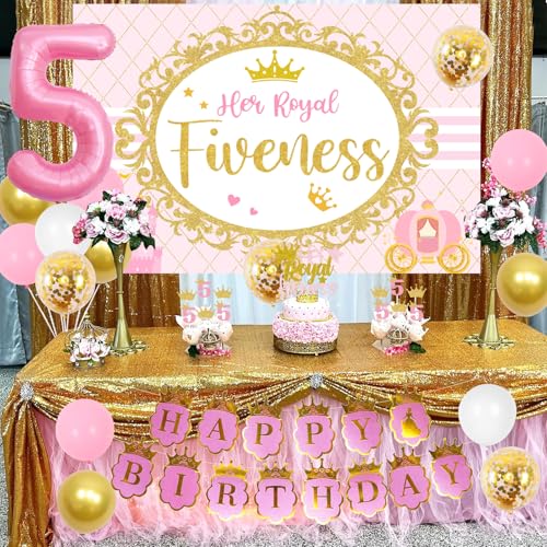 Sursurprise 5th Birthday Decorations for Girl Her Royal Fiveness Birthday Backdrop Cake Topper Sash Balloons for Princess 5 Years Old Birthday Party Supplies