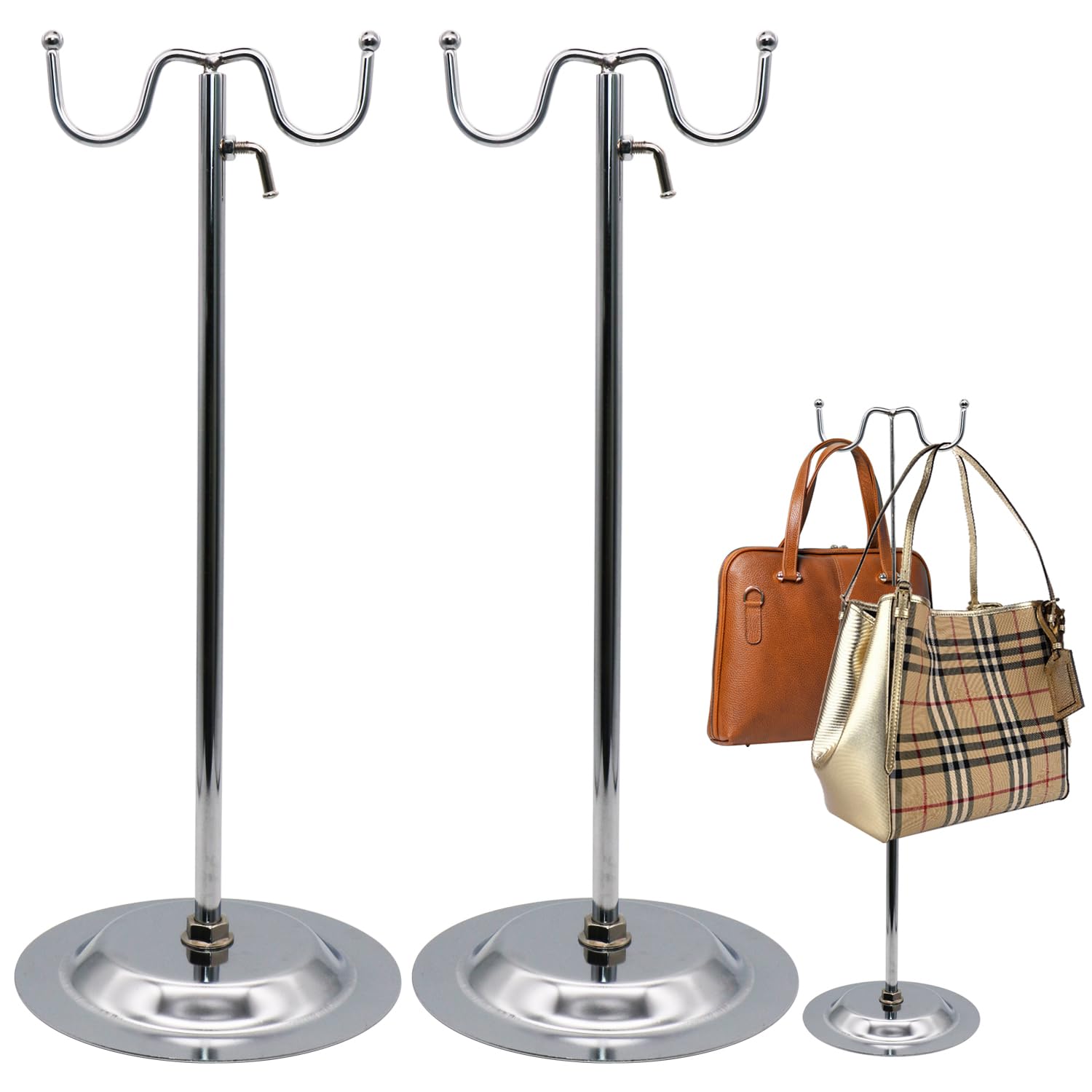 GGOUPTY Handbag Display Stand Adjustable Height Metal Purse Holder 2 PCS Double Hook Purse Hanging Rack Jewelry Metal Stand for Display