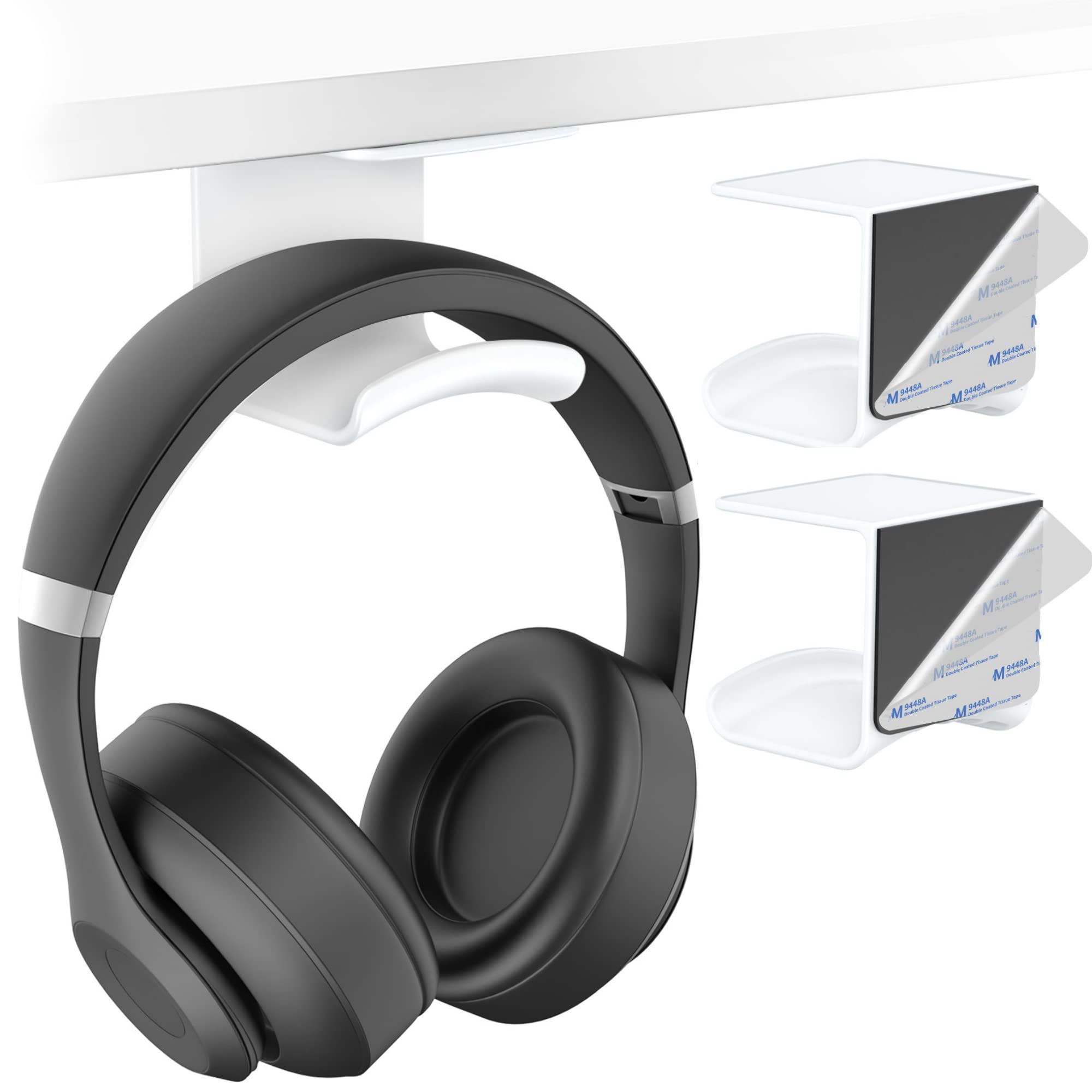 HomeMount Headphone Hook Under Desk - Headphone Holder Under Table, Adhesive Gaming Headphone Stand Hanger Desk Mount for Most Headphone(White-2P)