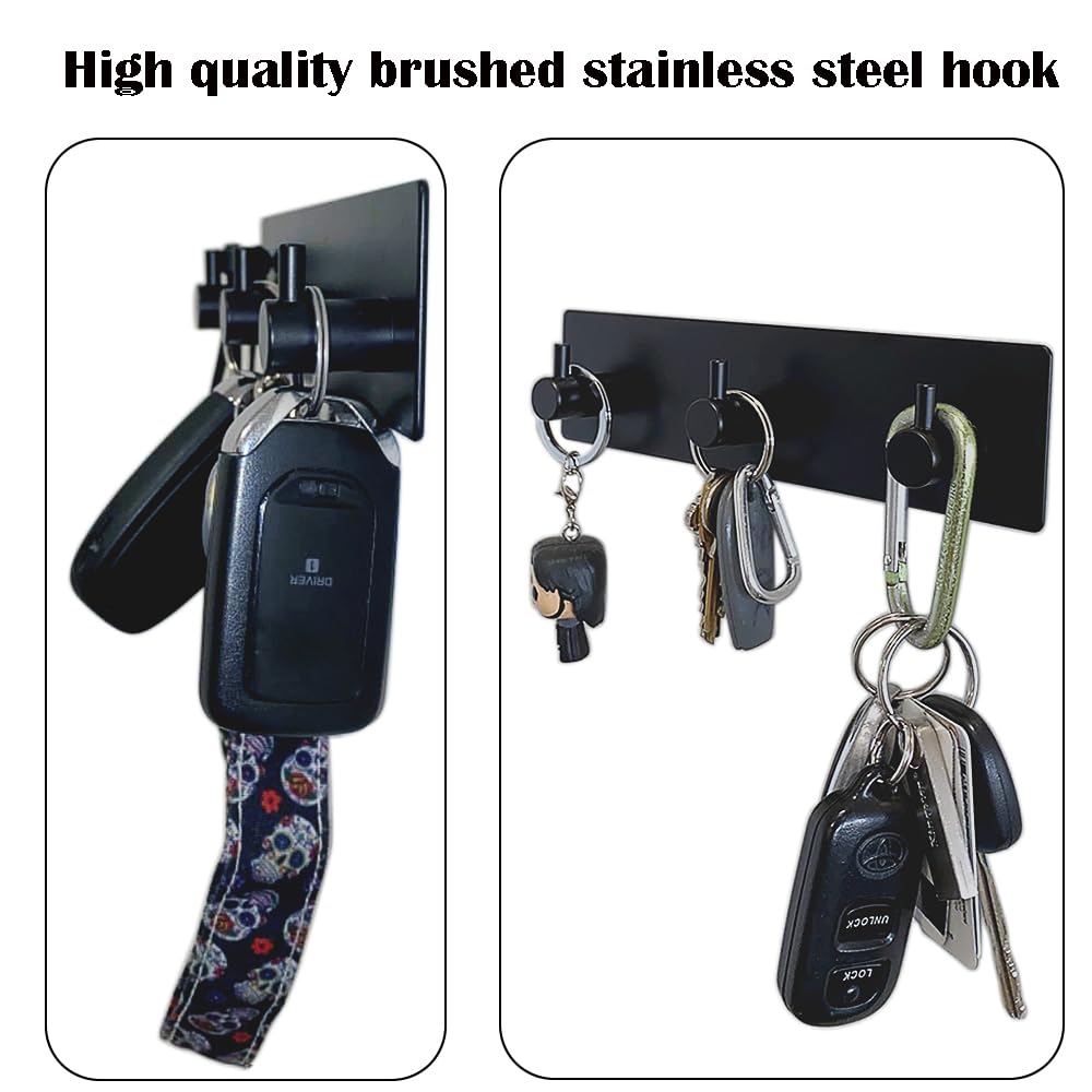 Qoaimu Key Holder for Wall, No Damage Key Holder Rack for Wall, Self Adhesive Stainless Steel Key Hooks, Towel Hook Coat Hanger Entryway, Door, Bathroom, Kitchen (Black)