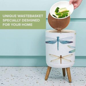 PHAIBHKERP Small Trash Can with Lid Watercolor Dragonflies White Garbage Bin Round Waste Bin Press Cover Dog Proof Wastebasket for Bedroom Bathroom Living Room 1.8 Gallon