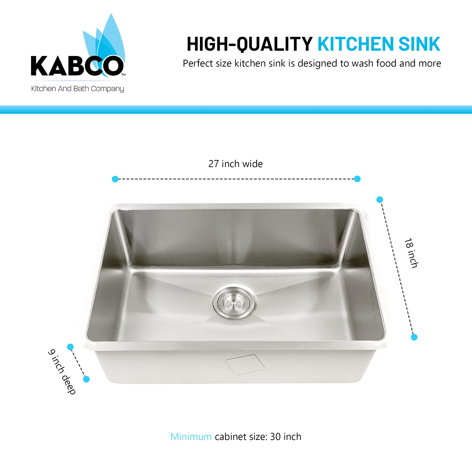 KABCO 18 Gauge 27 Inch Single Bowl Undermount Stainless Steel Kitchen Sink with 2 Pieces Sink Accessories, Rust Resistant Sound and Heatproof Laser Cut Tight Radius Sink for Indoor or Outdoor Kitchens