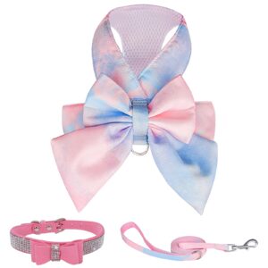 pink cute bow tie dog harness leash and bowknot collar set, no pull gradient rainbow dog harness and glitter diamond collar chain, breathable mesh pet vest harnesses for dogs cats