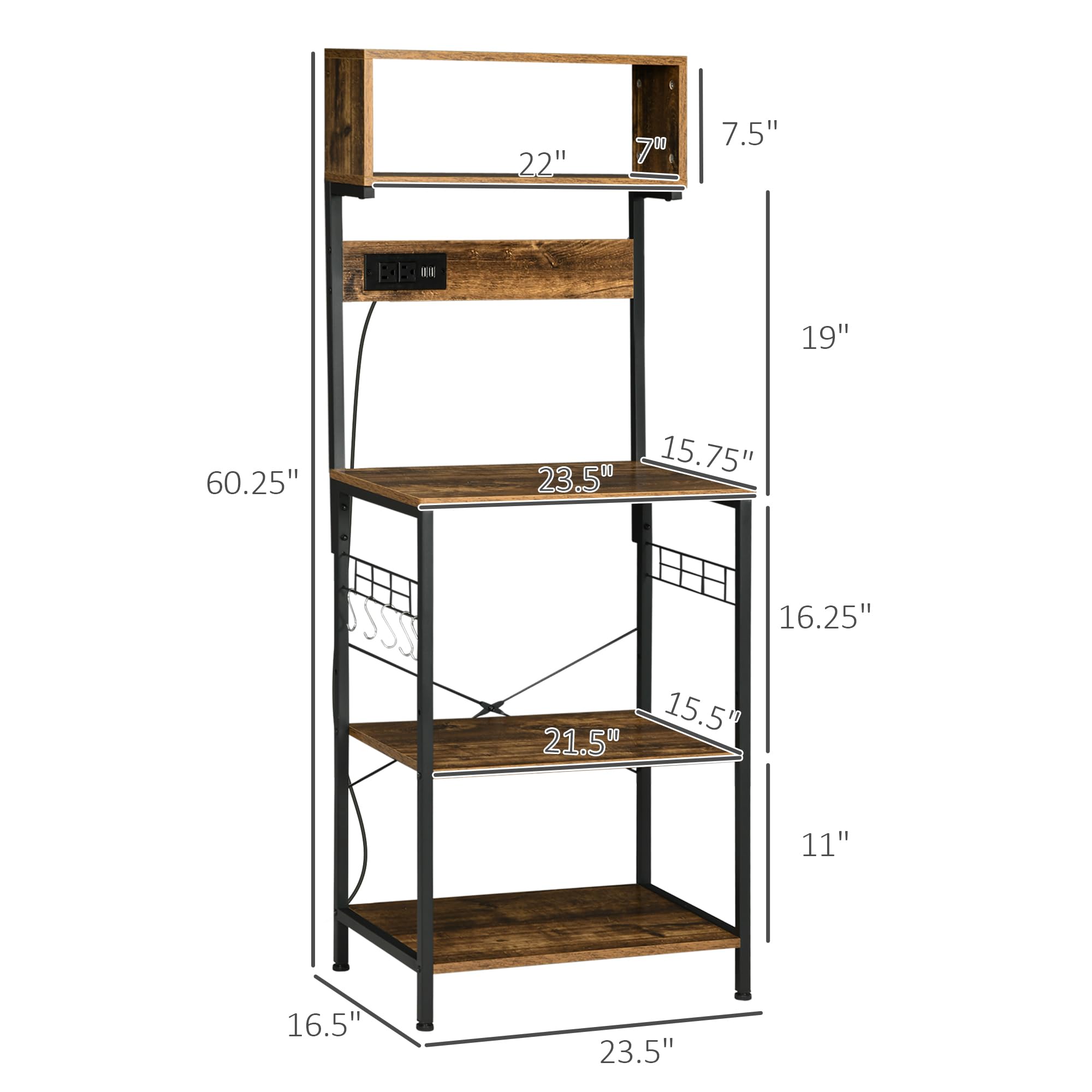 HOMCOM Kitchen Bakers Rack with Power Outlet, USB Charger, Microwave Stand, Coffee Bar with Adjustable Shelves, 5 Hooks for Spices, Pots and Pans, Rustic Brown