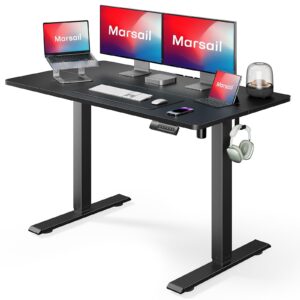 marsail electric standing desk adjustable height, 48 * 24 inch sit stand up desk for home office furniture computer desk with 3 memory presets, headphone hook, black