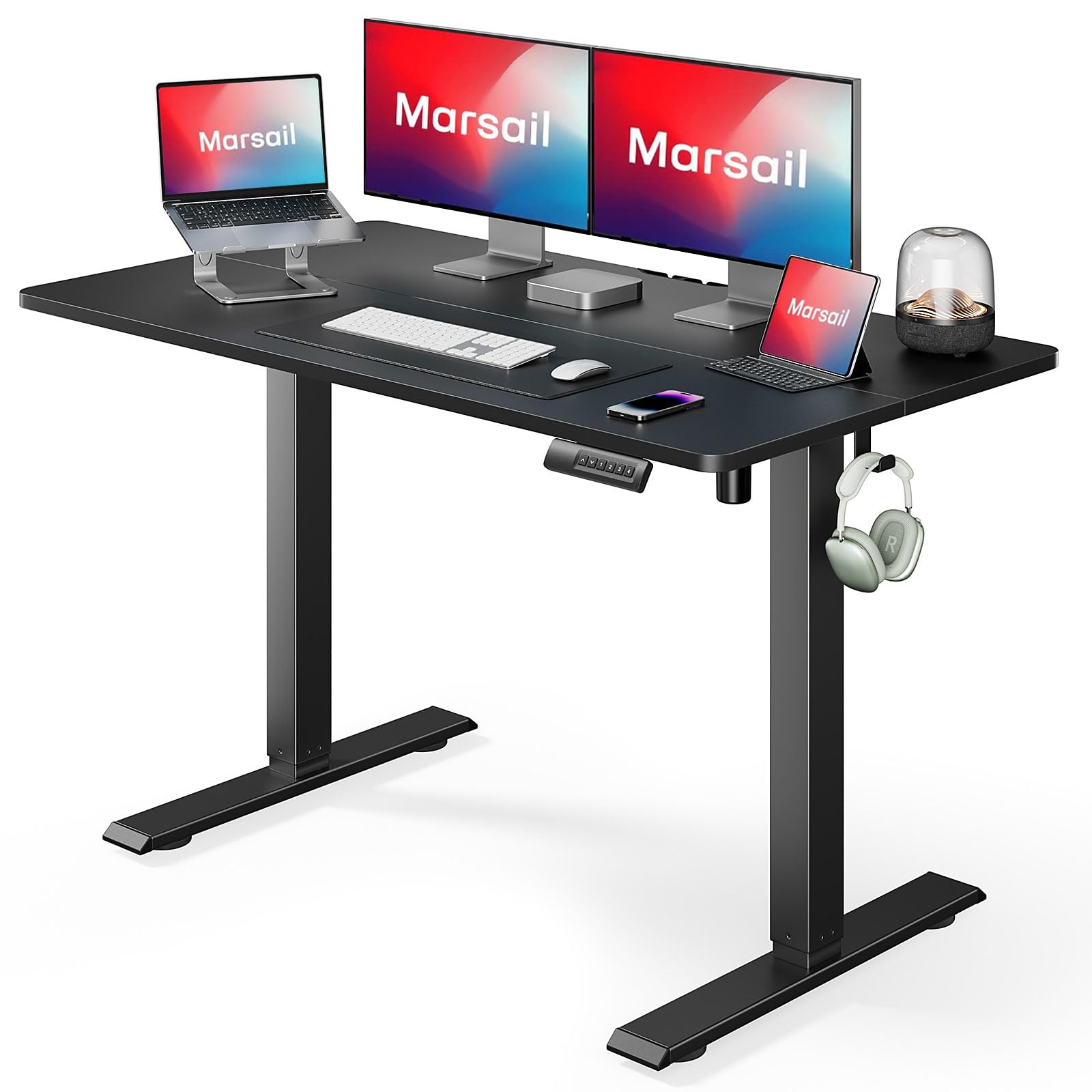 Marsail Electric Standing Desk Adjustable Height, 48 * 24 Inch Sit Stand up Desk for Home Office Furniture Computer Desk with 3 Memory Presets, Headphone Hook, Black