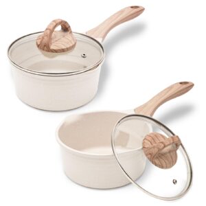 jeetee sauce pan with lid, 1.5qt & 2.5qt non stick small pot with coating, induction sauce pot for cooking, pfoa/pfos free (beige)