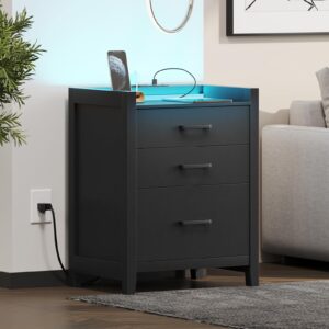 EPHEX LED Nightstand with Charging Station, Nightstand with 3 Drawers, End Side Table with USB Ports and Outlets, Modern Bedside Table for Bedroom, Black, NSL03