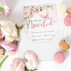 AnyDesign 20 Sets Butterfly Pink Floral Invitation with Envelopes Stickers 5 x 7 Inch Watercolor Flower Invitation Cards Blank Invites for Wedding Bridal Baby Shower Birthday Dinner Party