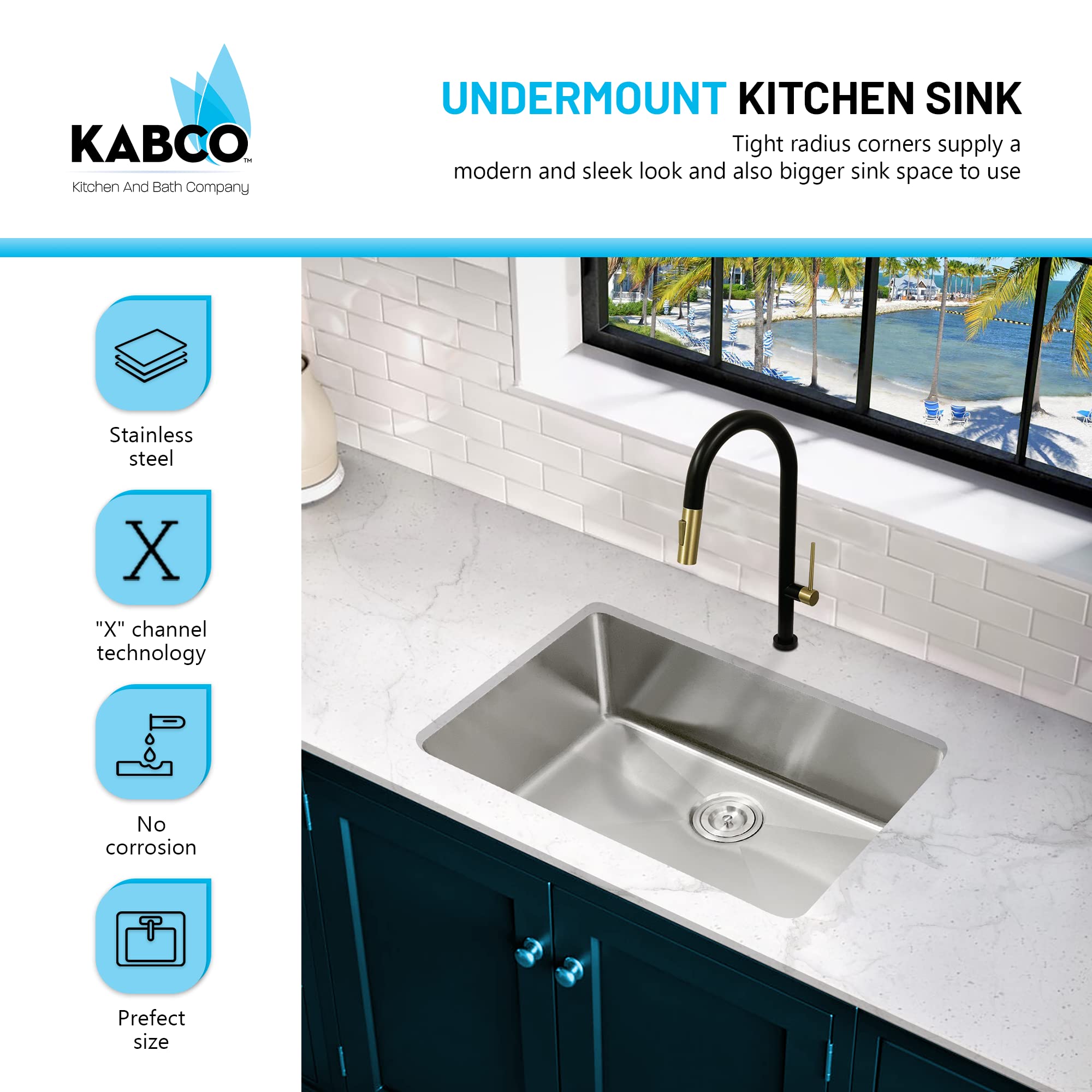 KABCO 18 Gauge 27 Inch Single Bowl Undermount Stainless Steel Kitchen Sink with 2 Pieces Sink Accessories, Rust Resistant Sound and Heatproof Laser Cut Tight Radius Sink for Indoor or Outdoor Kitchens