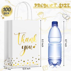 Tinlade 100 Pcs Thank You Gift Bags Bulk Paper Gold Thank You Wedding Bags with Handle for Business, Shopping, Wedding, Baby Shower, Party Favors (White)