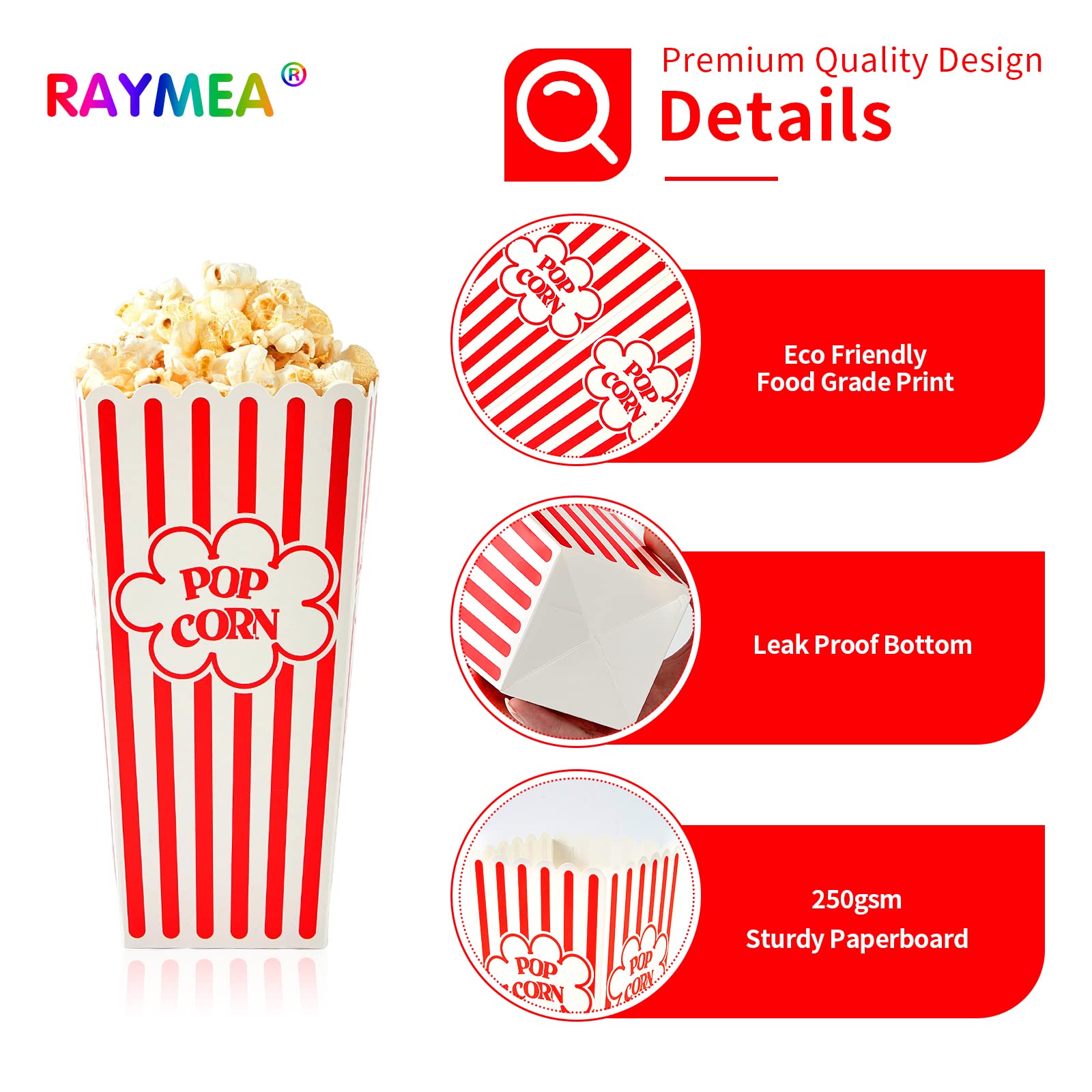 RAYMEA Popcorn Containers Disposable 46 Oz Red & White Striped 28 Pack Cardboard Popcorn Boxes for Movie Night