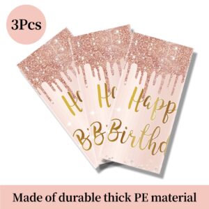 3 Pcs Pink Rose Gold Happy Birthday Tablecloth Decorations for Women, Happy Birthday Table Cover Party Supplies, 16th 21st 30th 40th 50th Birthday Plastic Disposable Rectangular Table Cloth Decor