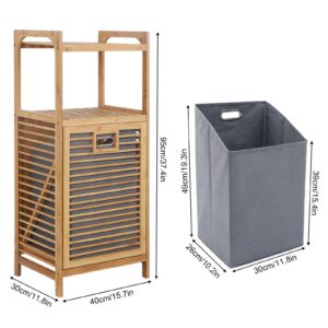 Xuthusman Laundry Hamper Bathroom Tilt-out Laundry Hamper Bamboo Tower Hamper Dirty Clothes Basket with 2-Tier Storage Shelves gray