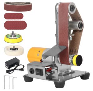 electric belt-sander polishing-grinding knife sharpener, 7 speed adjustable mini power sanding machine bench grinder 13x1.2inch belts for diy model crafts jewelry making, wood metal working