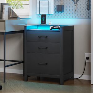 EPHEX LED Nightstand with Charging Station, Nightstand with 3 Drawers, End Side Table with USB Ports and Outlets, Modern Bedside Table for Bedroom, Black, NSL03