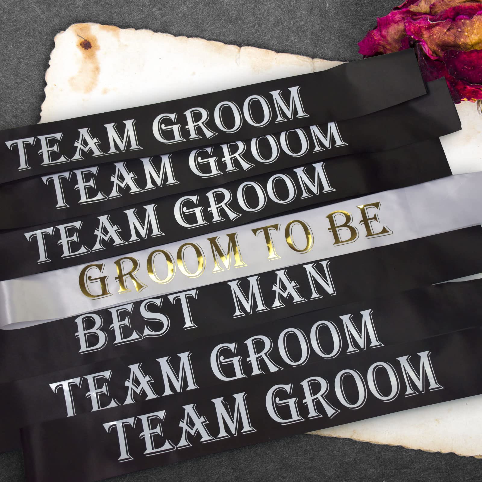 7 PCS Bachelorette Sashes Set for Groomsmen, Black Team Groom Sashes for Bachelor Bridal Shower Supplies Wedding Parties Decorations Favors Gifts