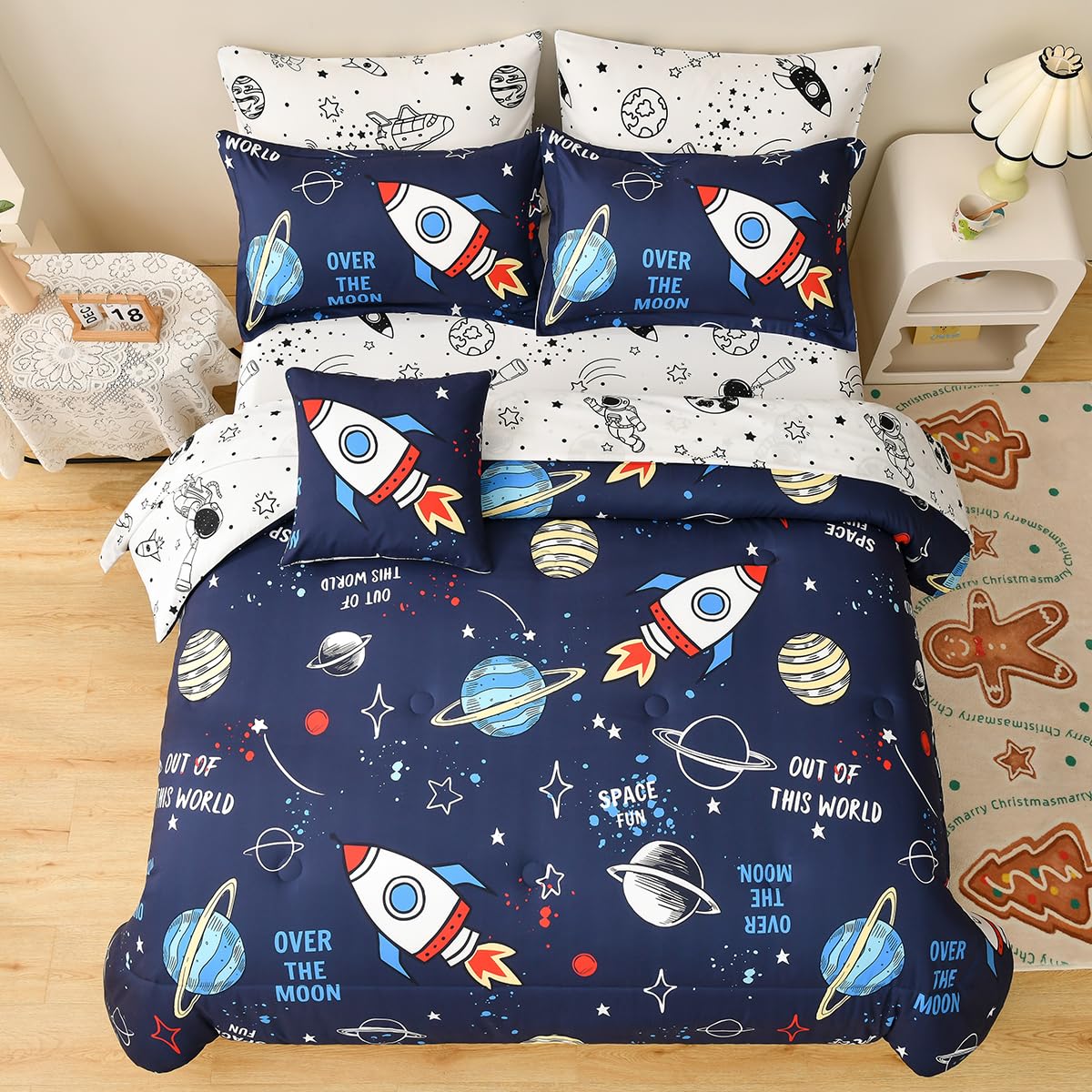 Tasselily Rocket Comforter Set Full Size, 8 Piece Bed in a Bag Space Bedding Sets for Boys Girls Kids