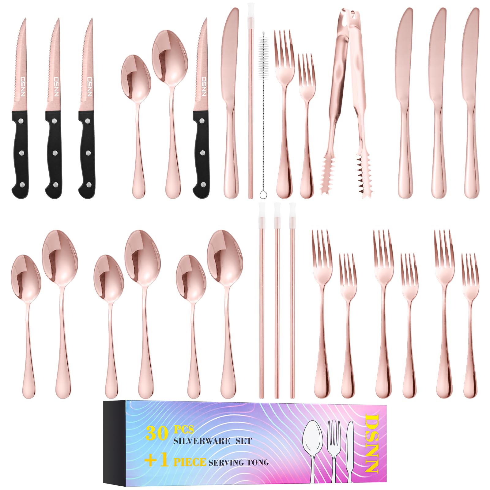 30 Pieces Rose Gold Silverware Sets Plus Serving Tong,Stainless Steel Flatware Set with Metal Straw for 4, DSNN Home Kitchen Utensil Cutlery Set,Include Forks Spoons and Knives Set