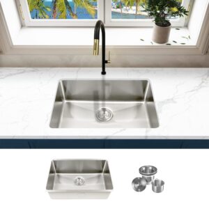 kabco 18 gauge 27 inch single bowl undermount stainless steel kitchen sink with 2 pieces sink accessories, rust resistant sound and heatproof laser cut tight radius sink for indoor or outdoor kitchens